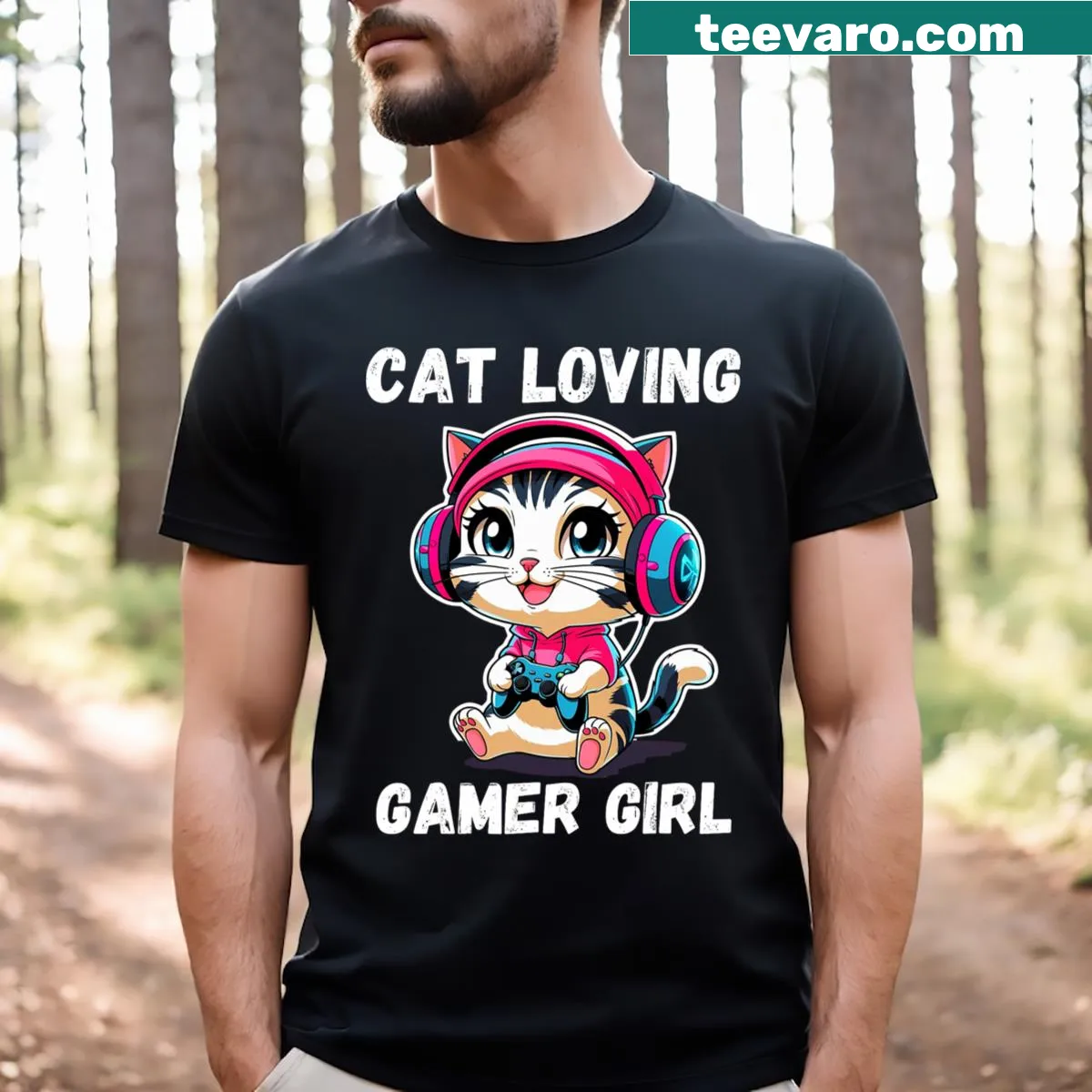 Cute cat character engaging in gaming, designed for girls on a T-shirt — on a men's t-shirt