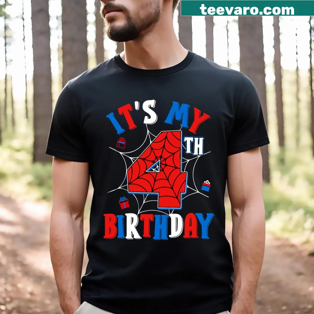 Spider graphic birthday T-shirt for kids turning 4 — on a men's t-shirt