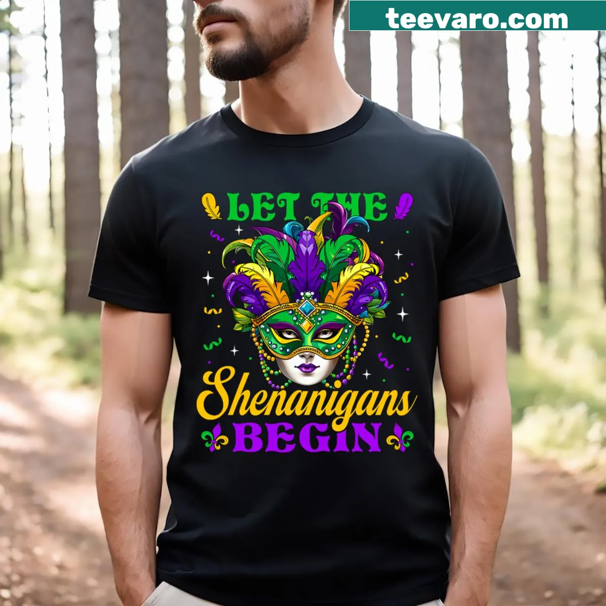 Mardi Gras jester mask and beads graphic t-shirt — on a men's t-shirt