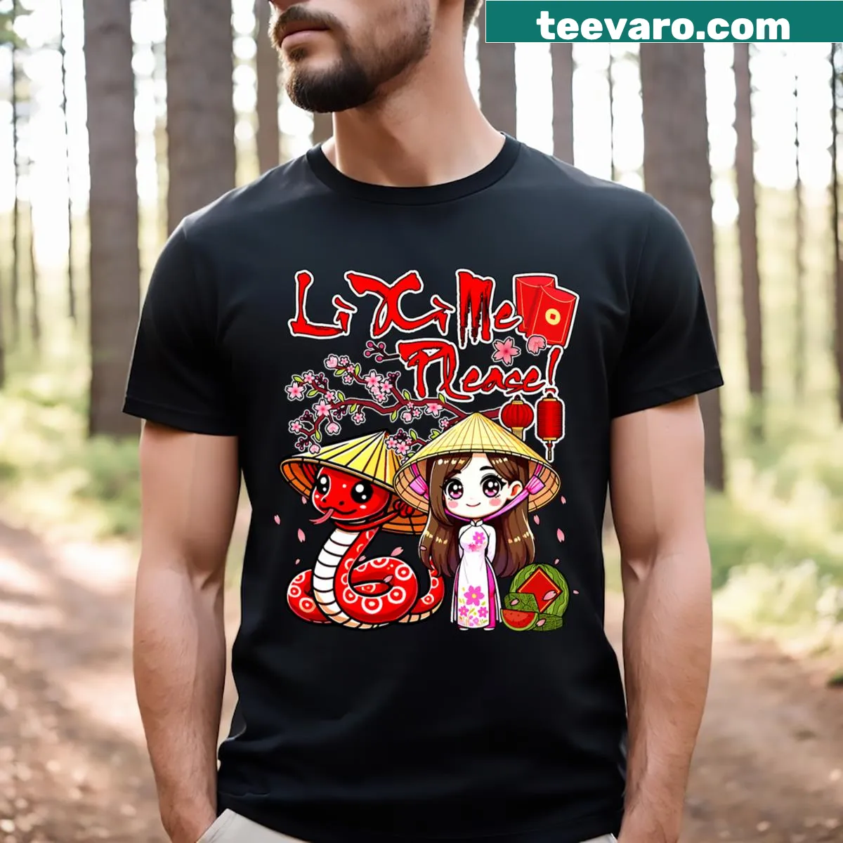 Vietnamese woman in ao dai with snake illustration for Lunar New Year — on a men's t-shirt