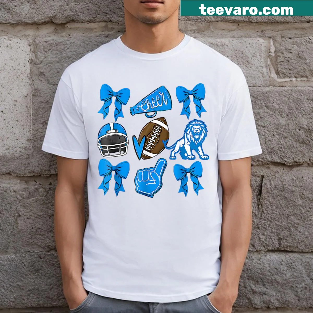 Cute Lions football t-shirt for girls with coquette bow and sports graphics — on a men's t-shirt