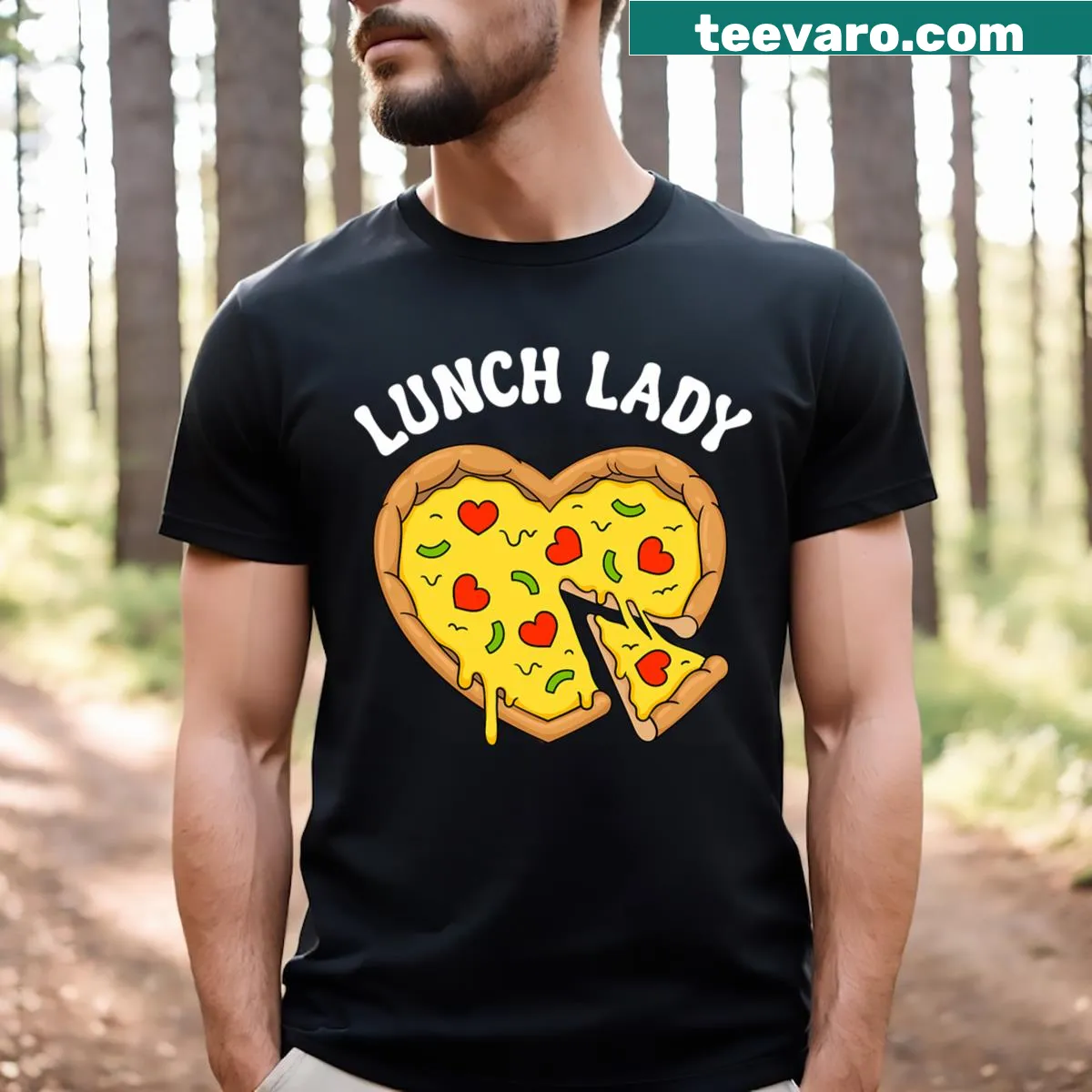 Cartoon lunch lady with pizza heart on a t-shirt. — on a men's t-shirt
