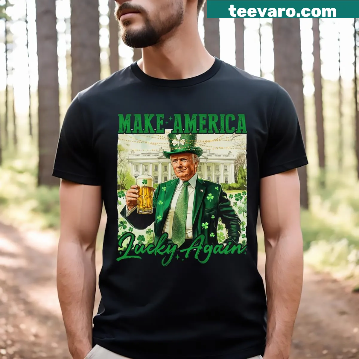 Funny St. Patrick's Day t-shirt with beer and shamrock design. — on a men's t-shirt