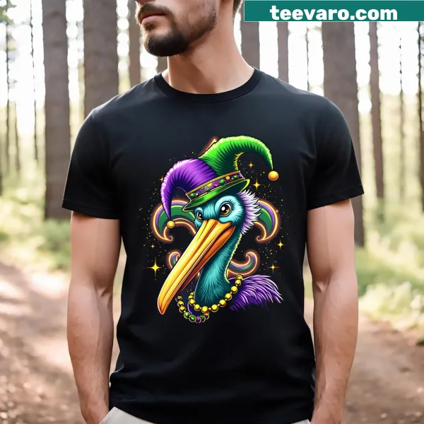 Mardi Gras pelican t-shirt featuring a parade theme for animal lovers