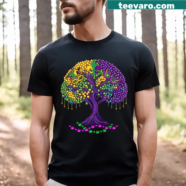 Fun bead tree graphic T-shirt for Mardi Gras celebrations