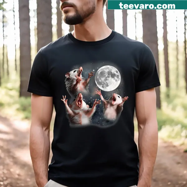 Funny t-shirt featuring three possums under a moon for humor lovers