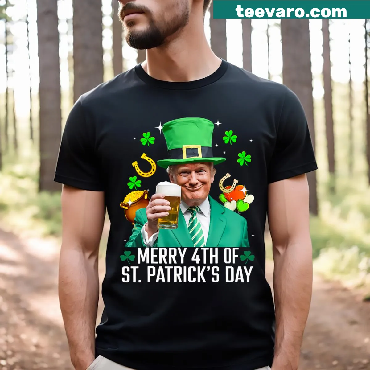Funny T-shirt with a leprechaun hat and Trump theme for holidays — on a men's t-shirt