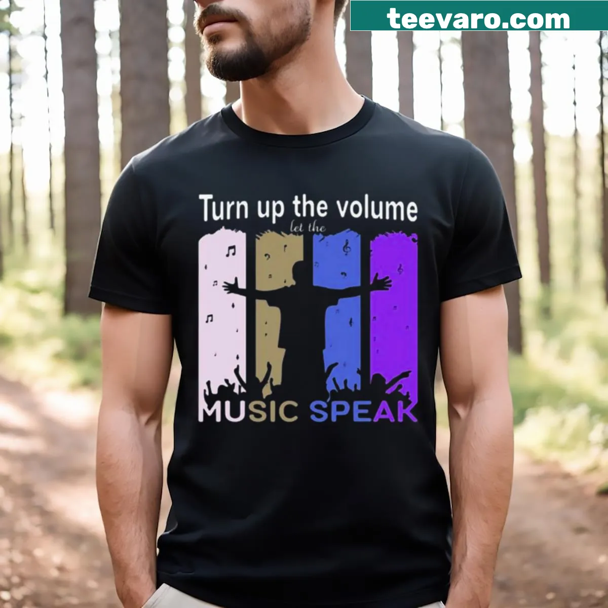 T-shirt with the phrase 'Music Speak' in an impactful typography design — on a men's t-shirt