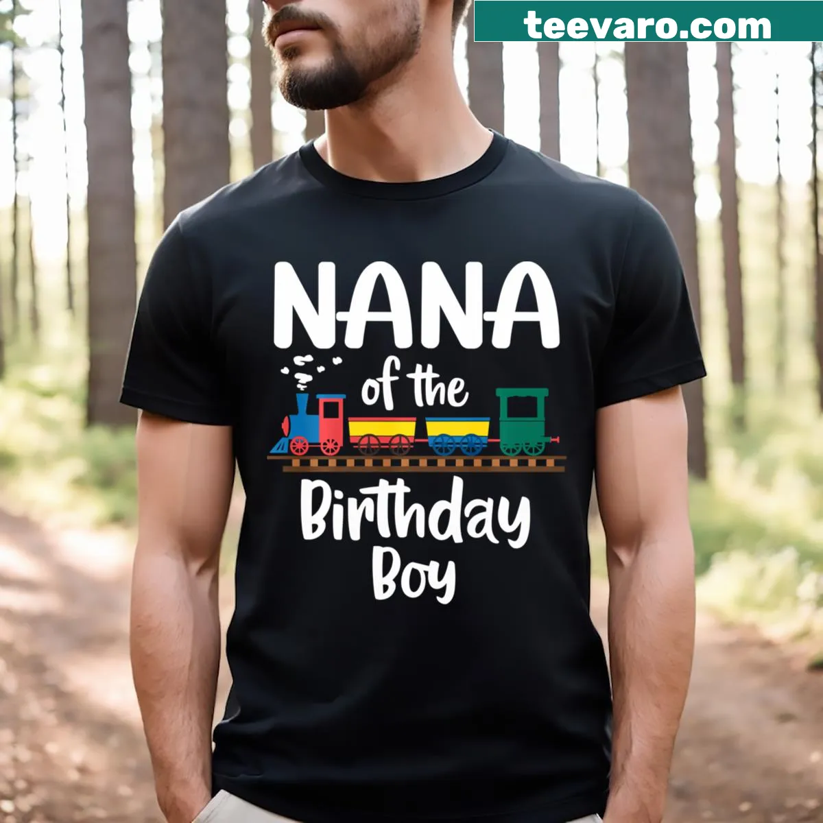 Grandma T-shirt for celebrating grandson's birthday with train toys — on a men's t-shirt