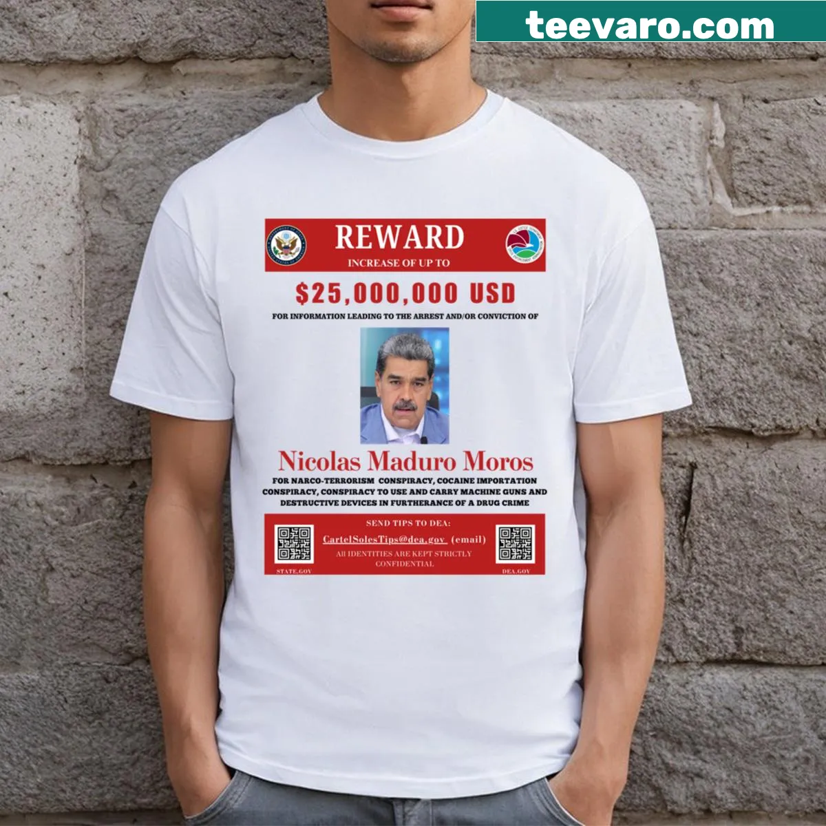 Vintage distressed Nicolas Maduro Reward Recompensa t-shirt featuring humorous text — on a men's t-shirt