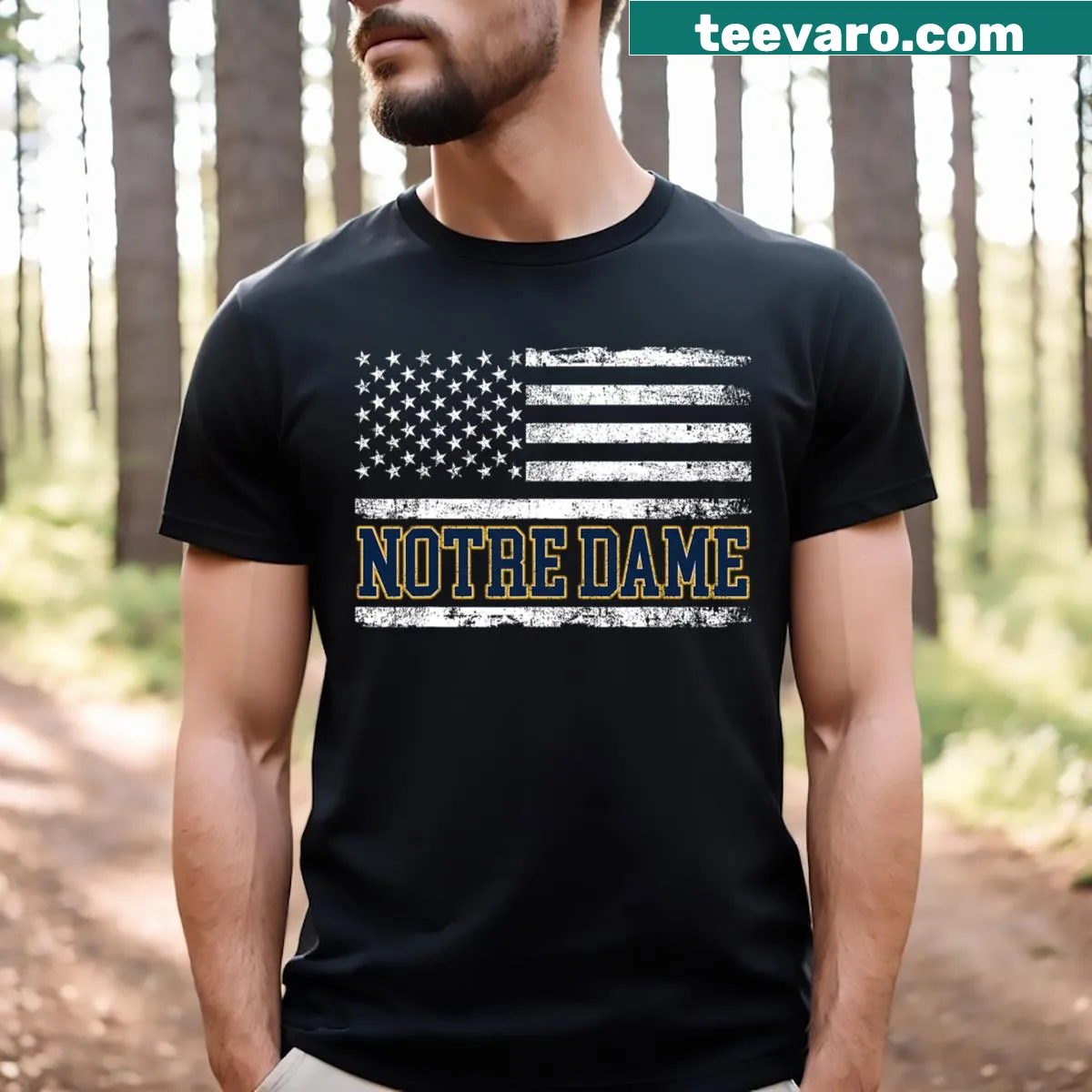 Patriotic Notre Dame T-shirt featuring USA flag design — on a men's t-shirt