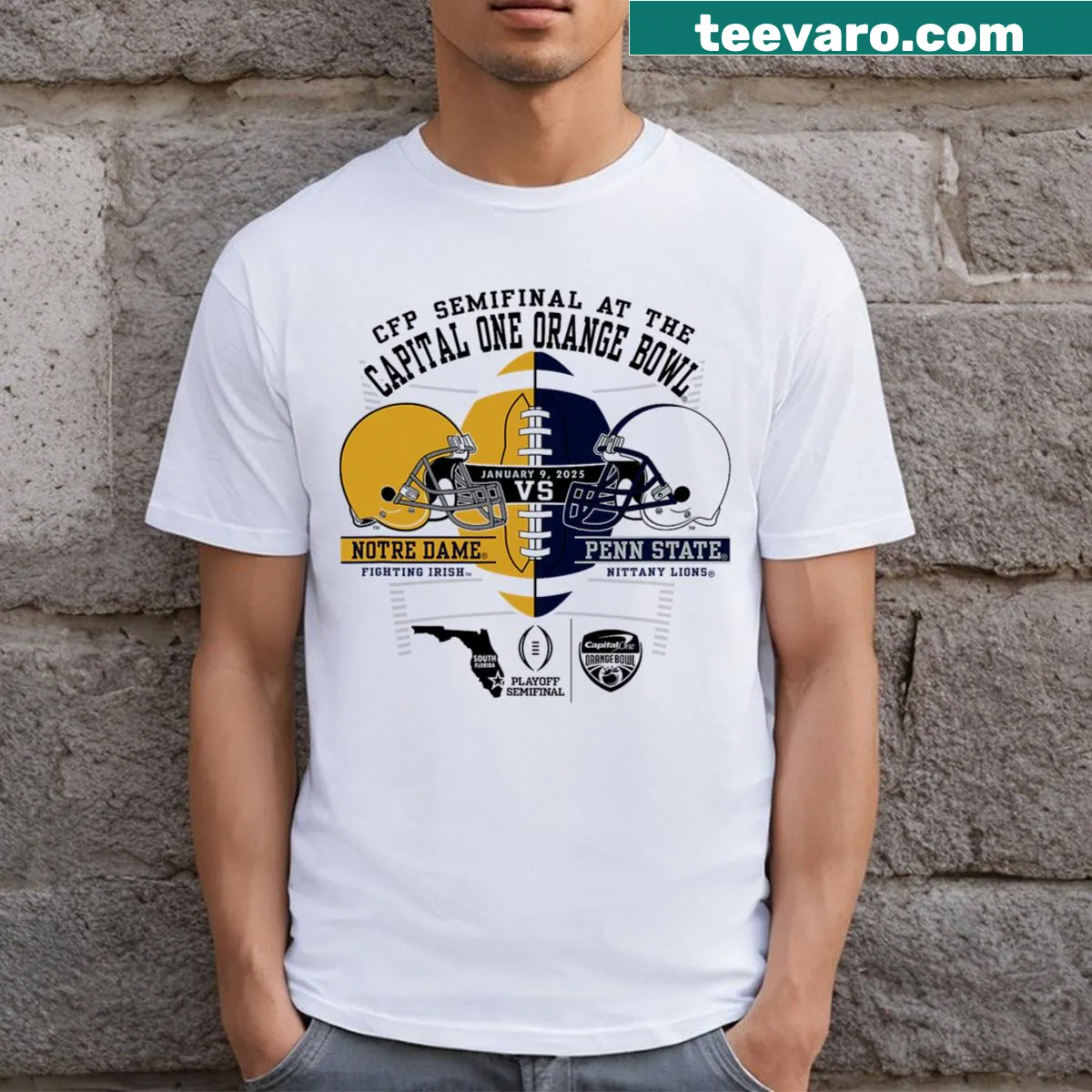 T-shirt featuring Notre Dame vs Penn State Orange Bowl matchup graphic — on a men's t-shirt