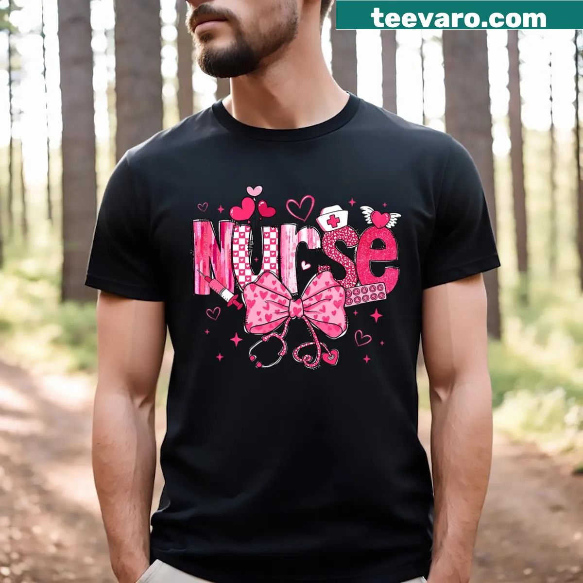 Cute nurse Valentine's Day t-shirt with stethoscope graphic — on a men's t-shirt