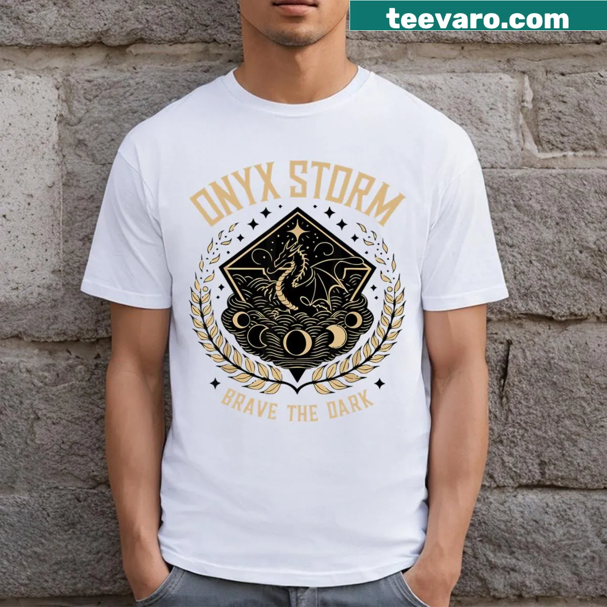 Onyx Storm fantasy-themed T-shirt with bold illustration — on a men's t-shirt