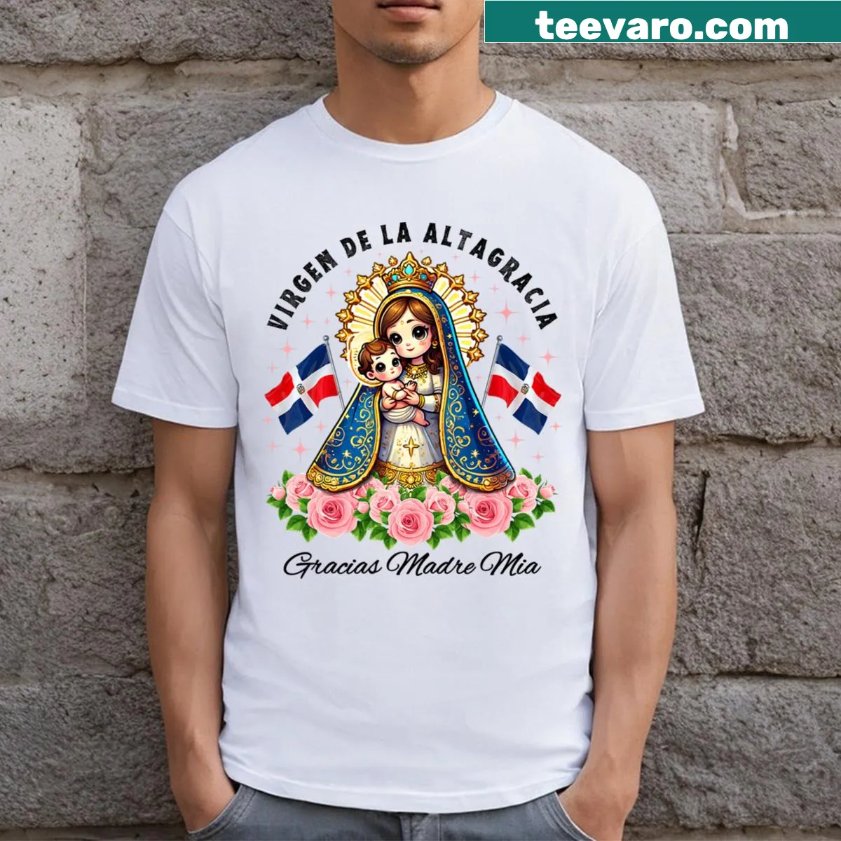 Kids T-shirt featuring Our Lady Of Altagracia illustration — on a men's t-shirt