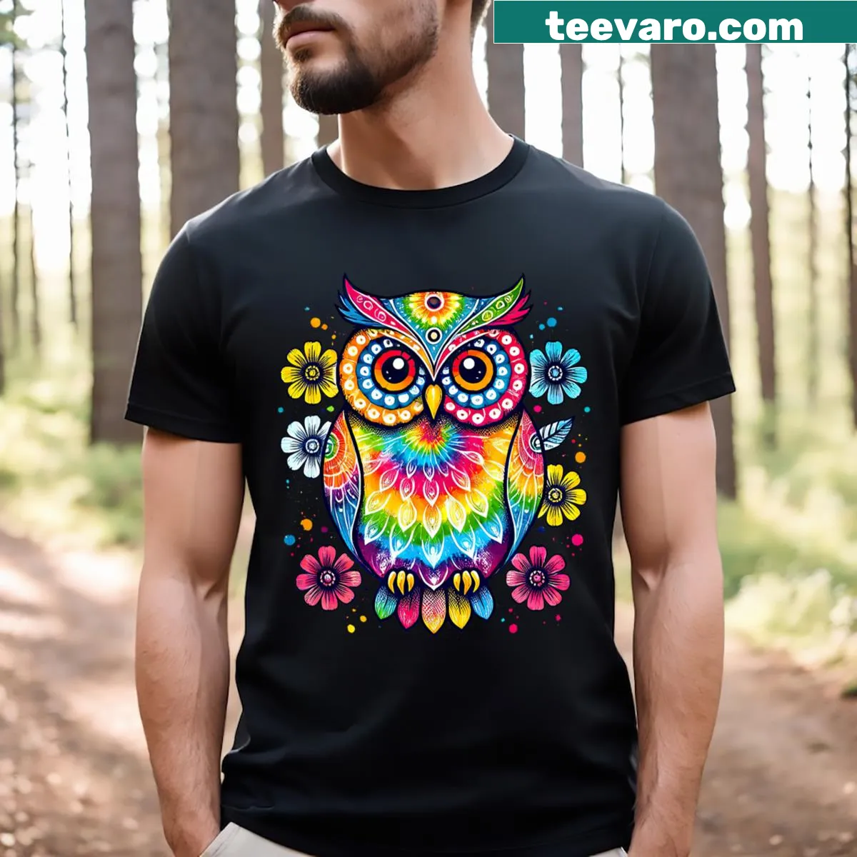 Owl artwork T-shirt featuring floral design, ideal for owl lovers — on a men's t-shirt