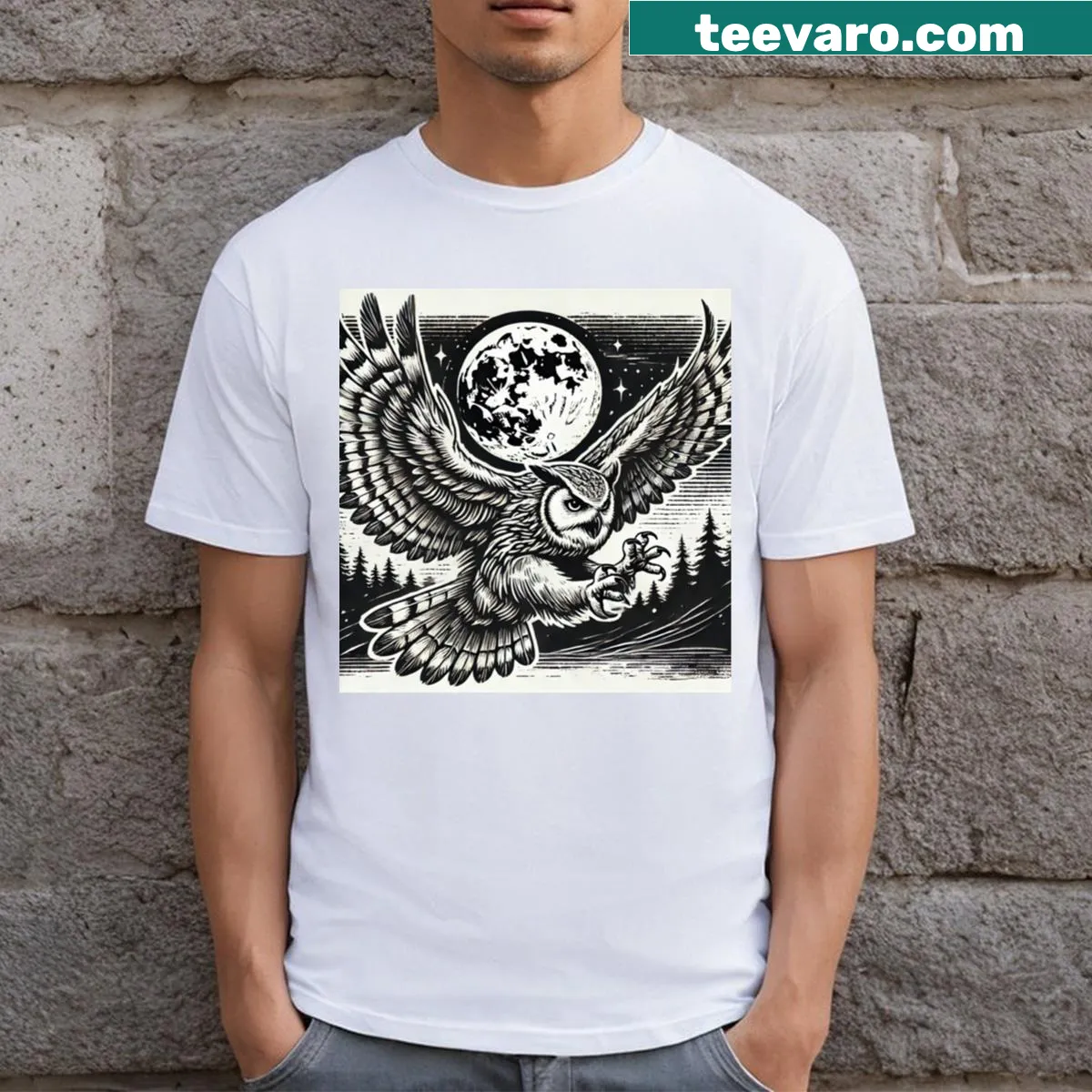 Black and white illustration of an owl flying under a full moon. — on a men's t-shirt