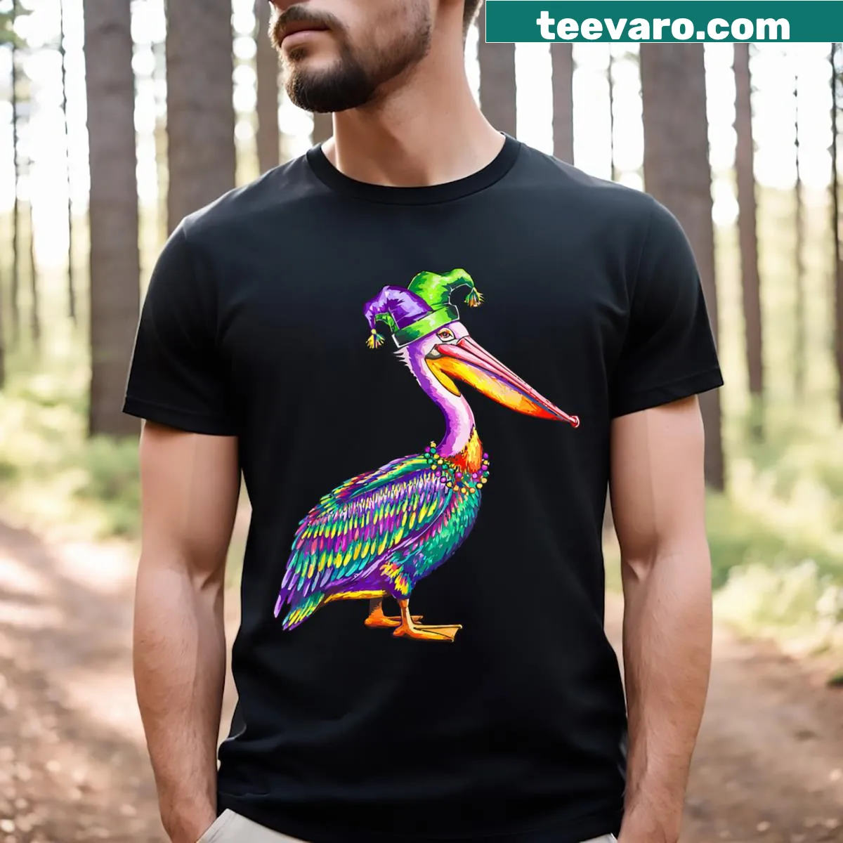 Mardi Gras Pelican T-shirt with carnival-themed illustration — on a men's t-shirt