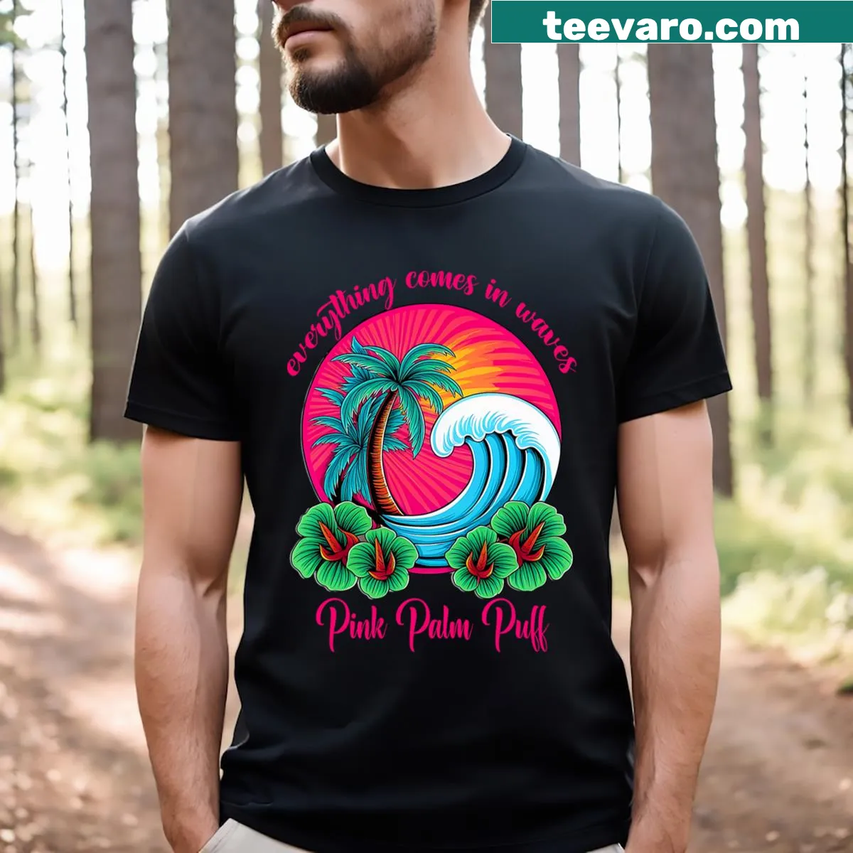 Stylized illustration of pink palm fronds on a casual T-shirt — on a men's t-shirt