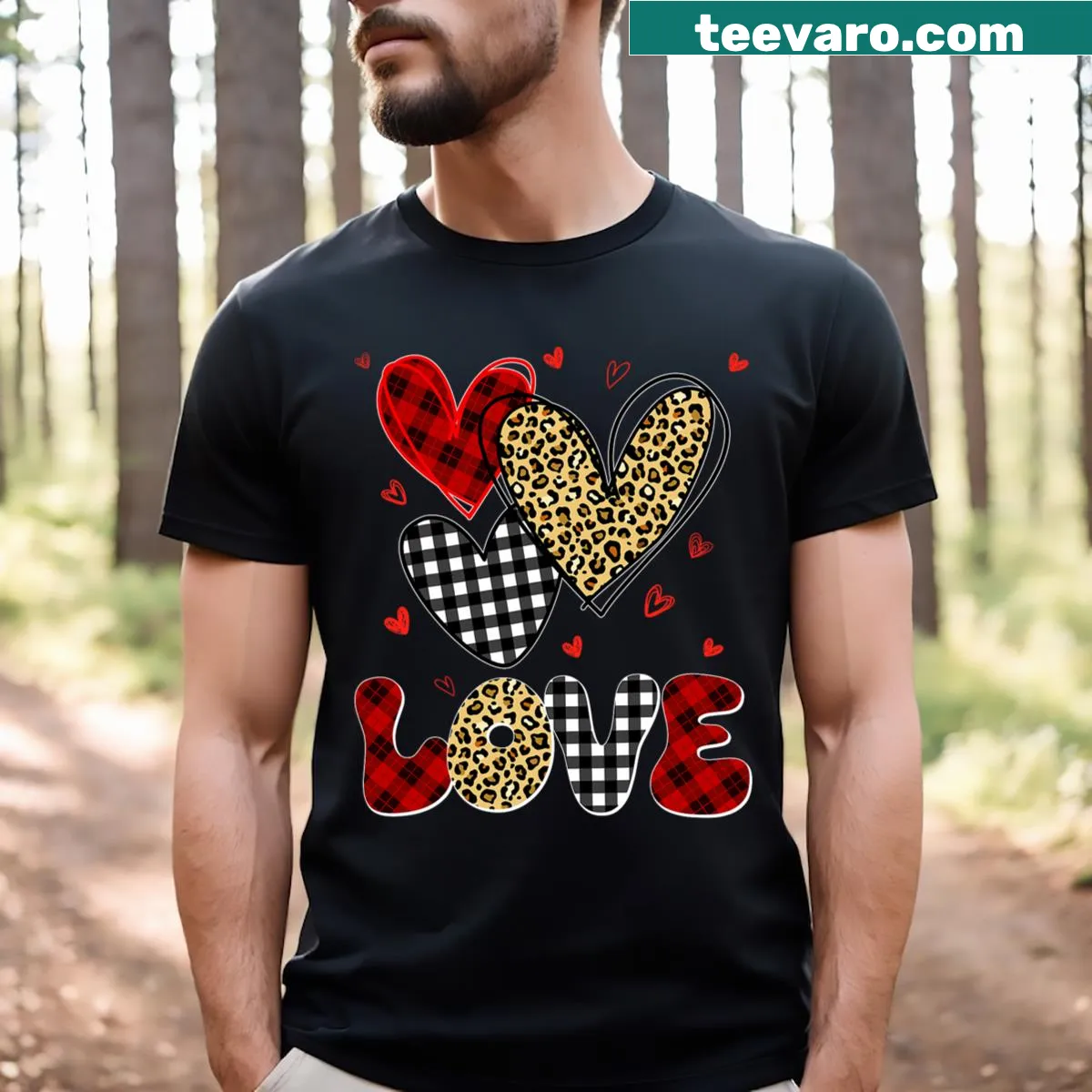 Plaid and leopard print hearts design for Valentine's Day on a T-shirt — on a men's t-shirt