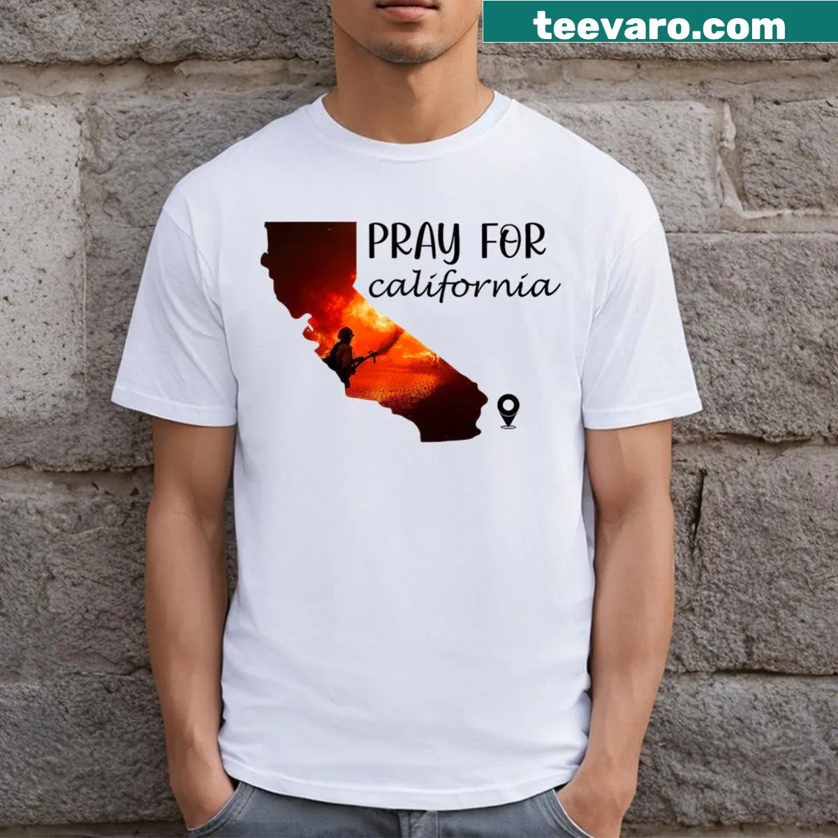 Bold typography design urging to pray for California on a T-shirt — on a men's t-shirt