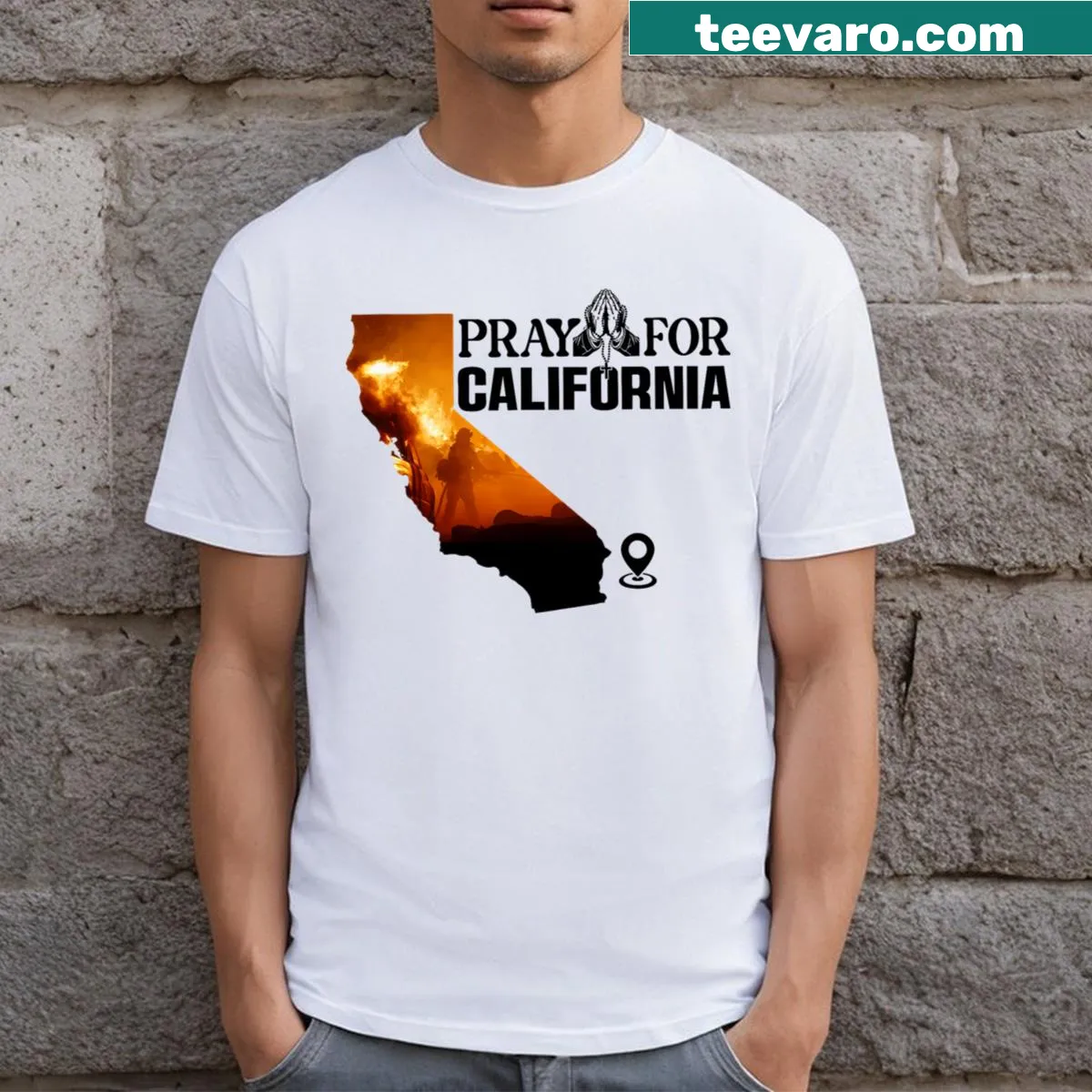 Supportive t-shirt with bold text saying 'Pray For California' — on a men's t-shirt