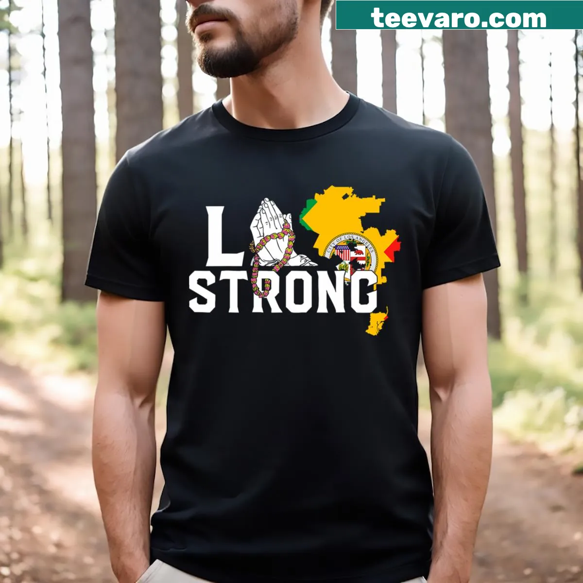 Supporter graphic T-shirt with the text 'Pray For California' — on a men's t-shirt