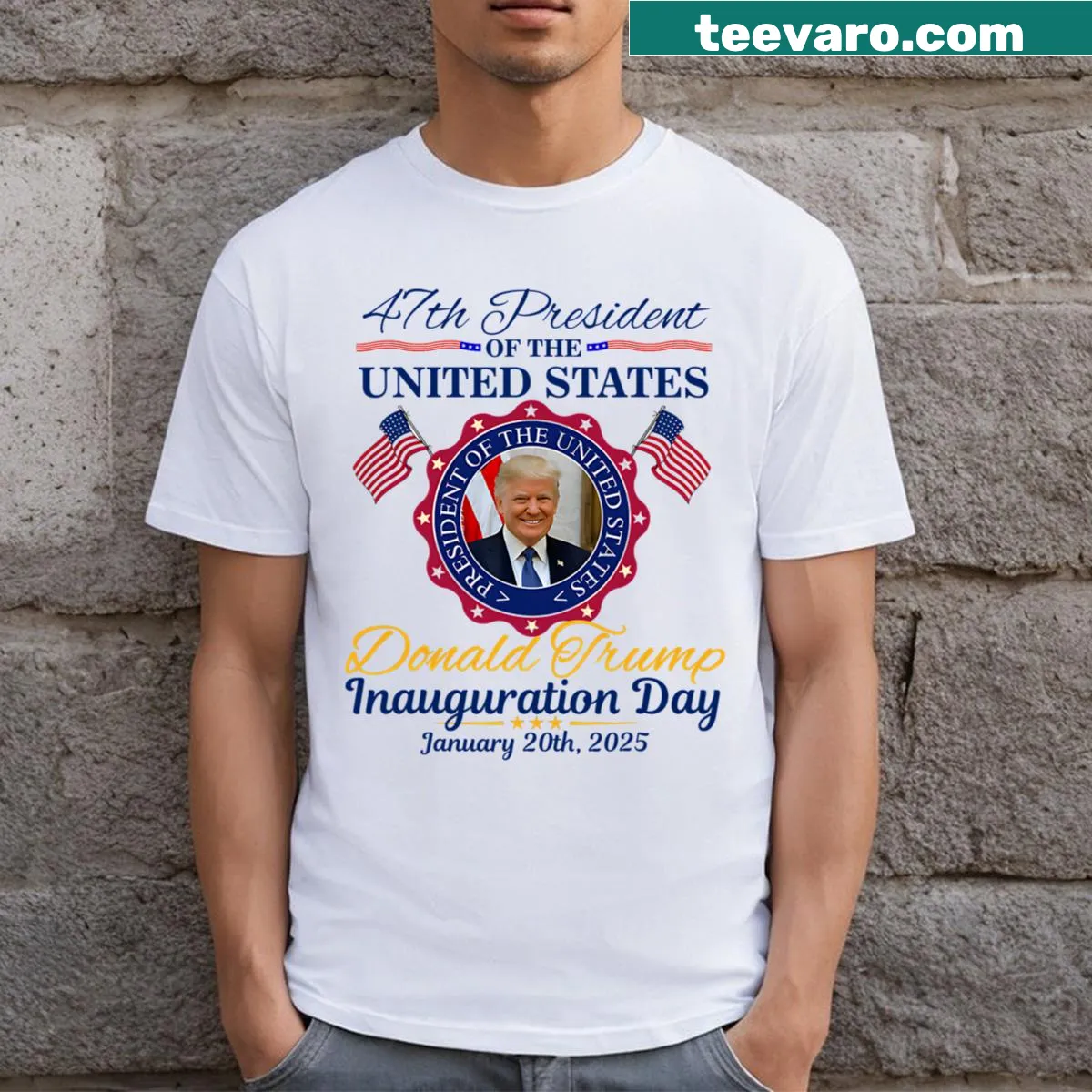Inauguration Day 2025 graphic T-shirt featuring Donald Trump — on a men's t-shirt