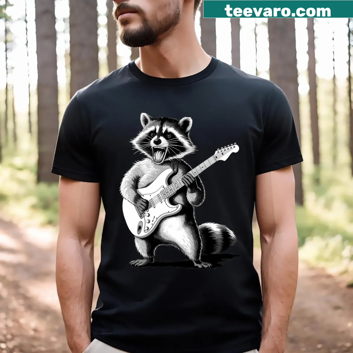 Funny T-shirt with a raccoon playing guitar in cartoon style — on a men's t-shirt