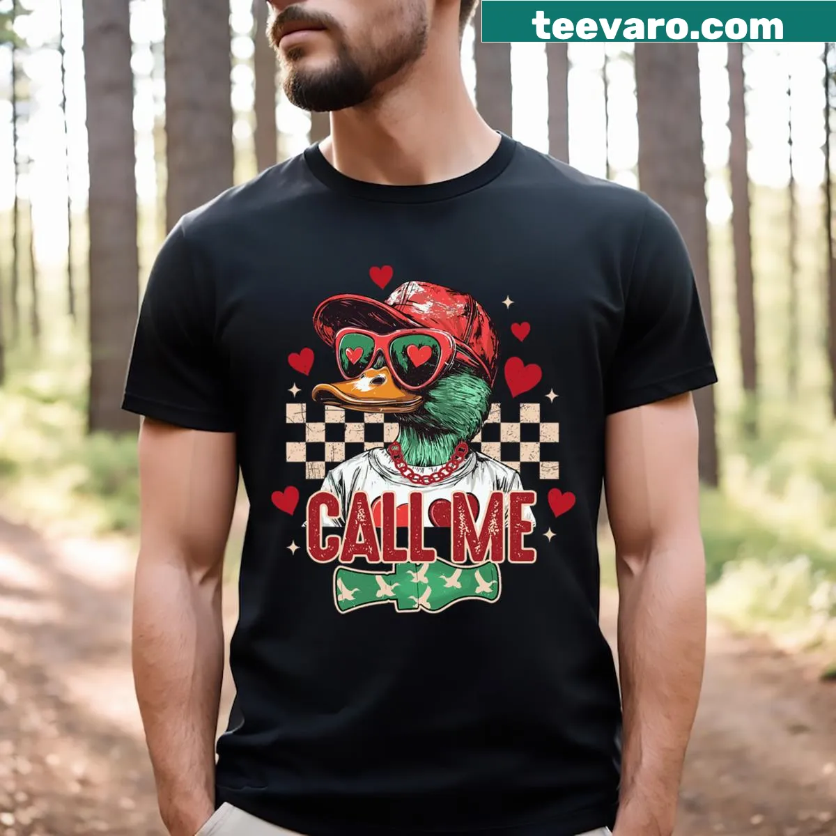 Valentine's Day t-shirt with 'Call Me' and duck illustrations — on a men's t-shirt