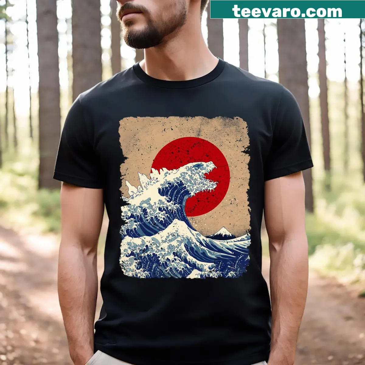 Japanese art graphic t-shirt with sunset and wave illustration for men. — on a men's t-shirt