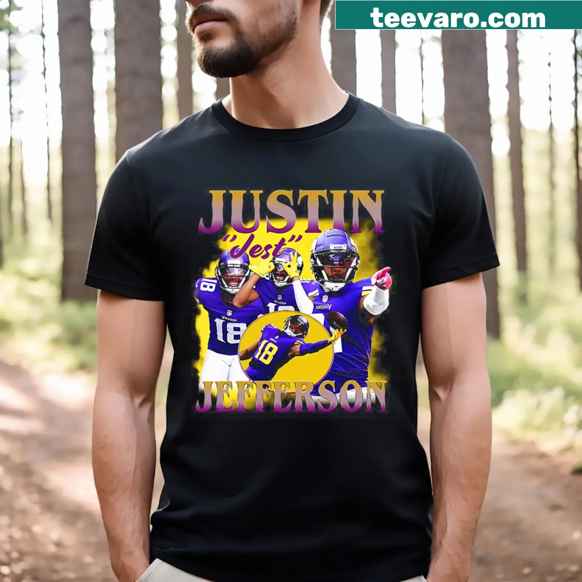 Retro 90s graphic T-shirt with Justin Tee design — on a men's t-shirt