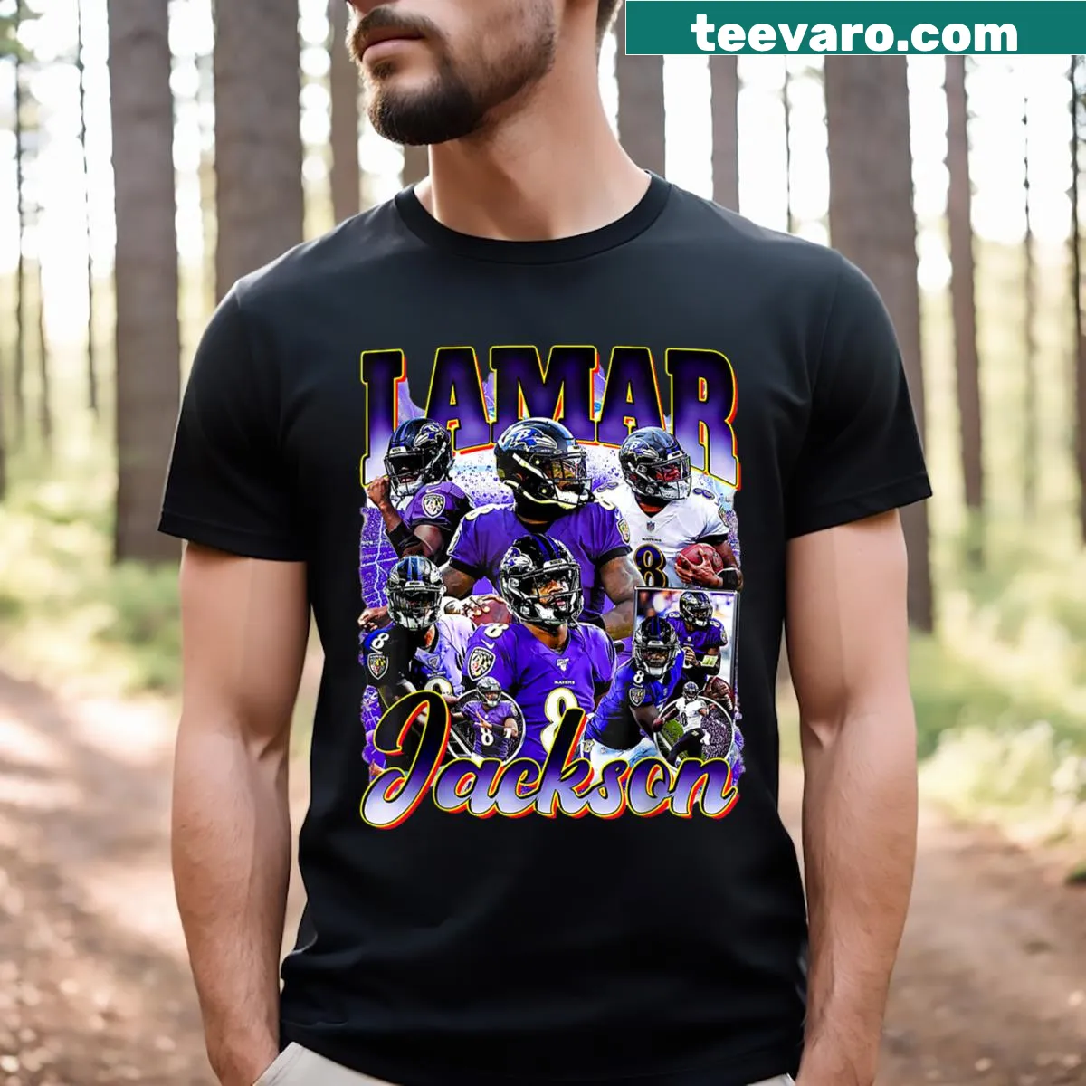 Vintage Lamar Jackson graphic t-shirt inspired by 90s design — on a men's t-shirt