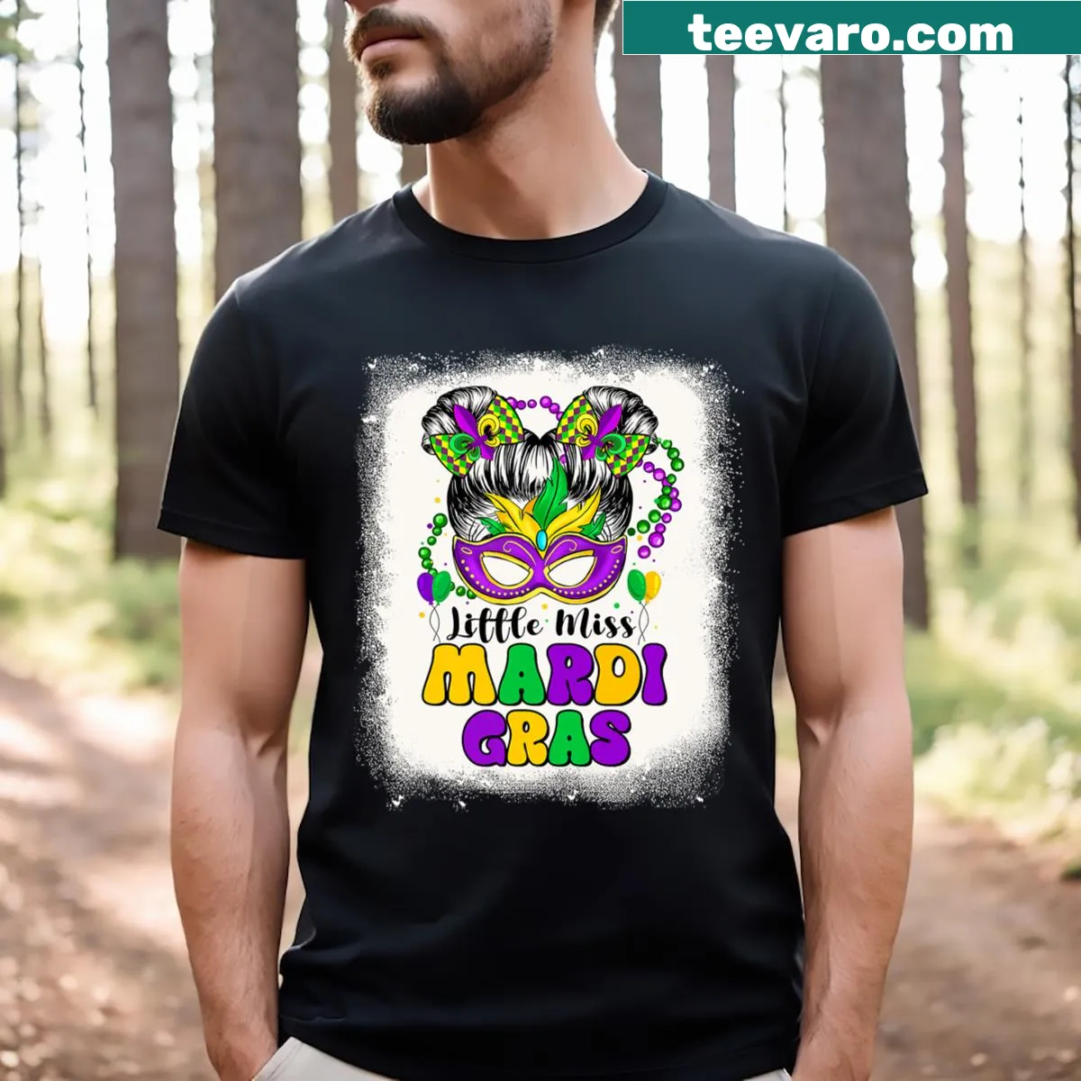 Youth Mardi Gras T-shirt featuring Retro Little Miss character design — on a men's t-shirt