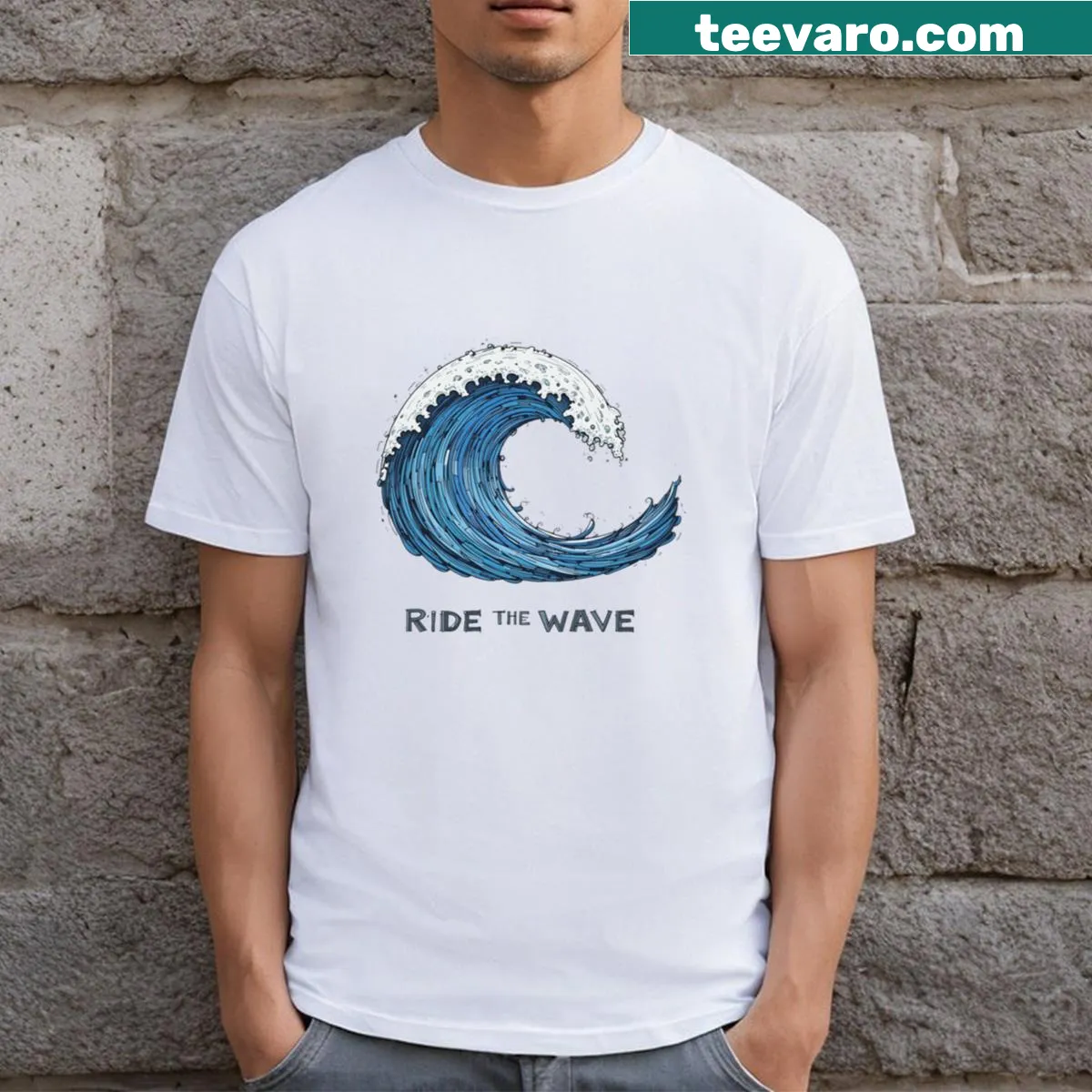Dynamic wave graphic t-shirt for ocean lovers and adventurers. — on a men's t-shirt
