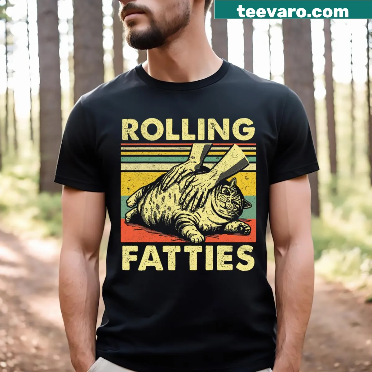 Funny fat kitten cartoon t-shirt for cat lovers. — on a men's t-shirt