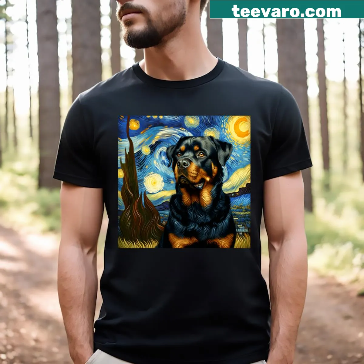 Artistic Rottweiler t-shirt inspired by Van Gogh's Starry Night. — on a men's t-shirt