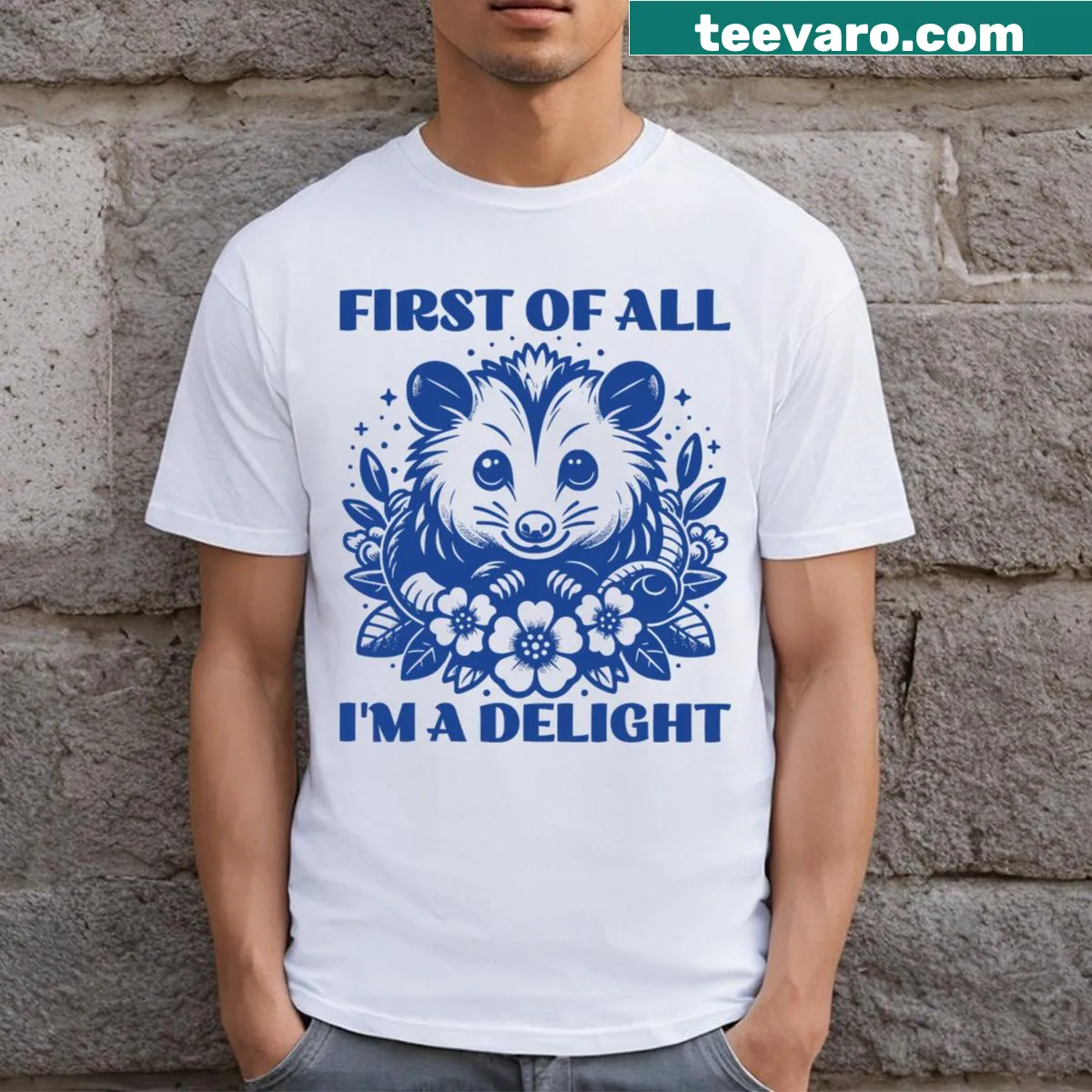 Funny T-shirt featuring the phrase 'First Of All I'm A Delight' — on a men's t-shirt