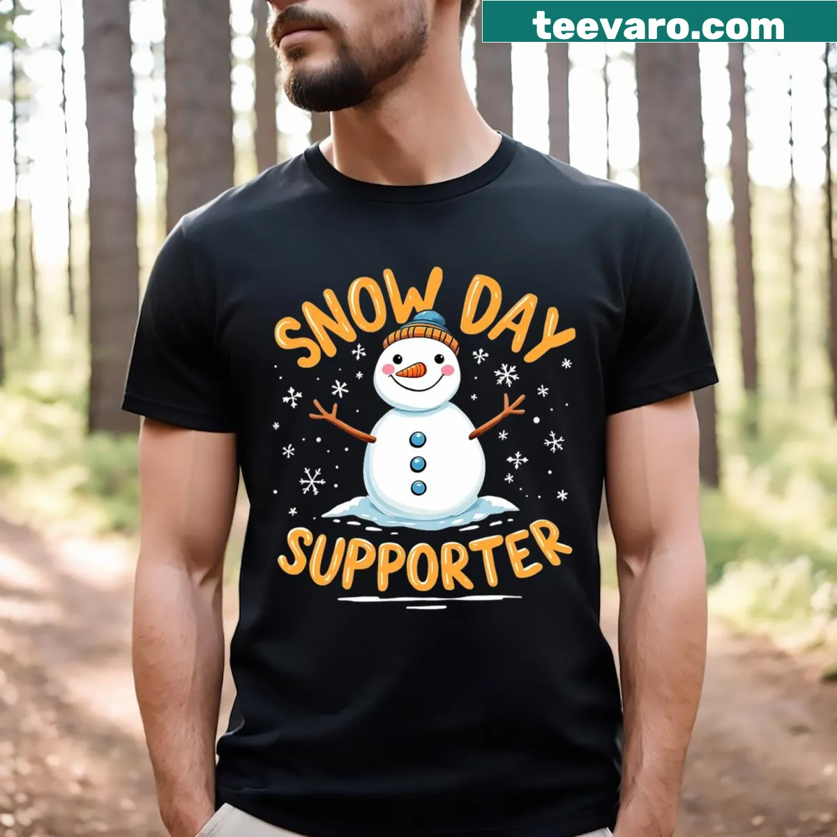 Illustration of a snowflake and 'Snow Day Supporter' text on a t-shirt — on a men's t-shirt