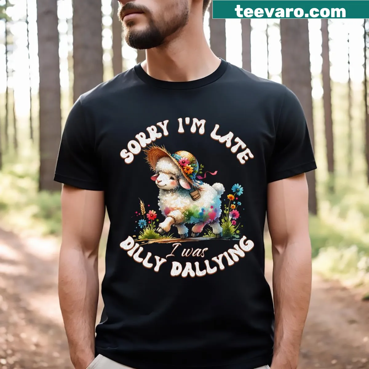 Cute lamb graphic on a T-shirt with the phrase 'Sorry I'm Late I Was Dilly Dallying' — on a men's t-shirt