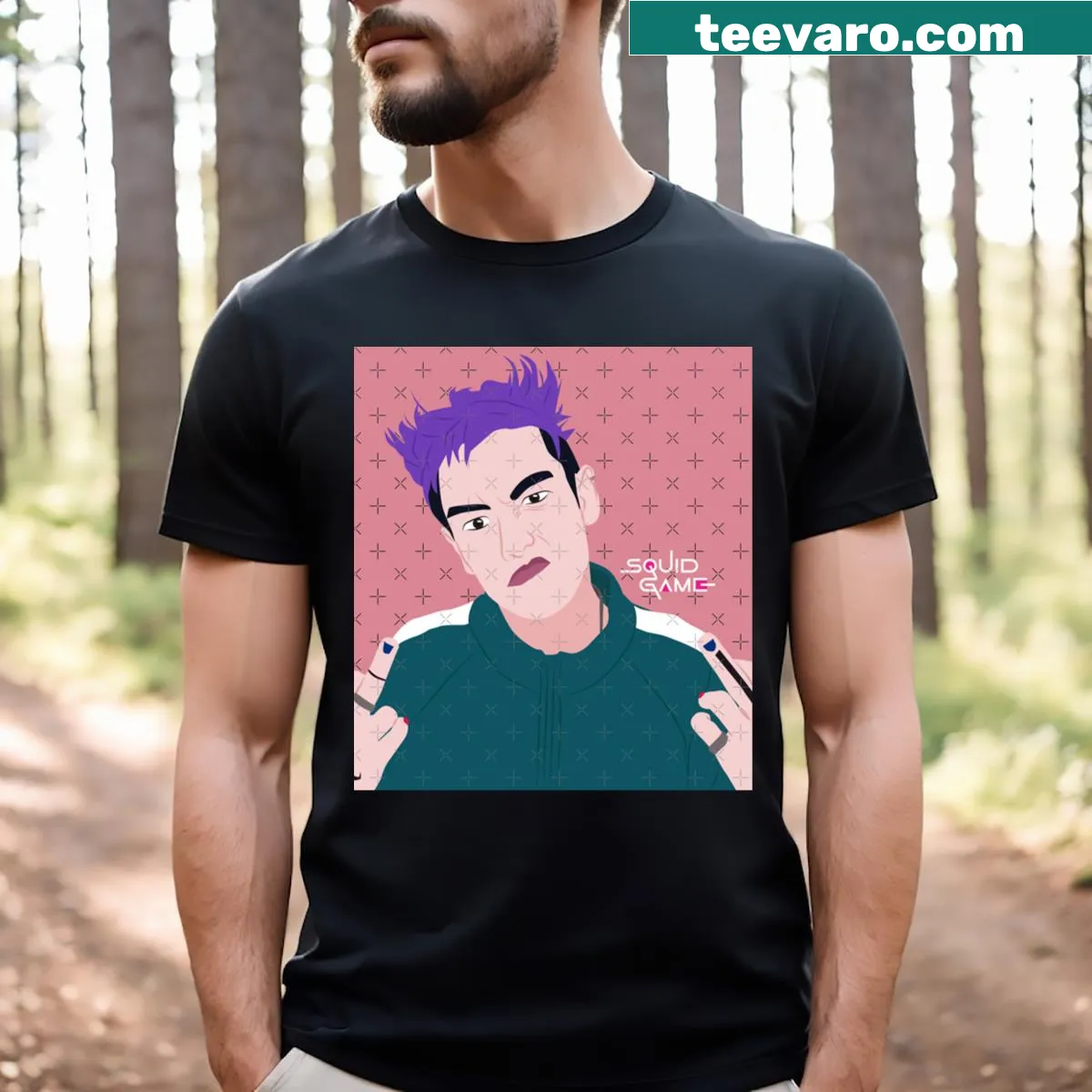 Graphic T-shirt featuring Squid Game and Thanos themes — on a men's t-shirt