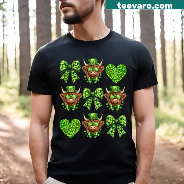 Highland cow with heart-shaped shamrock for St. Patrick's Day