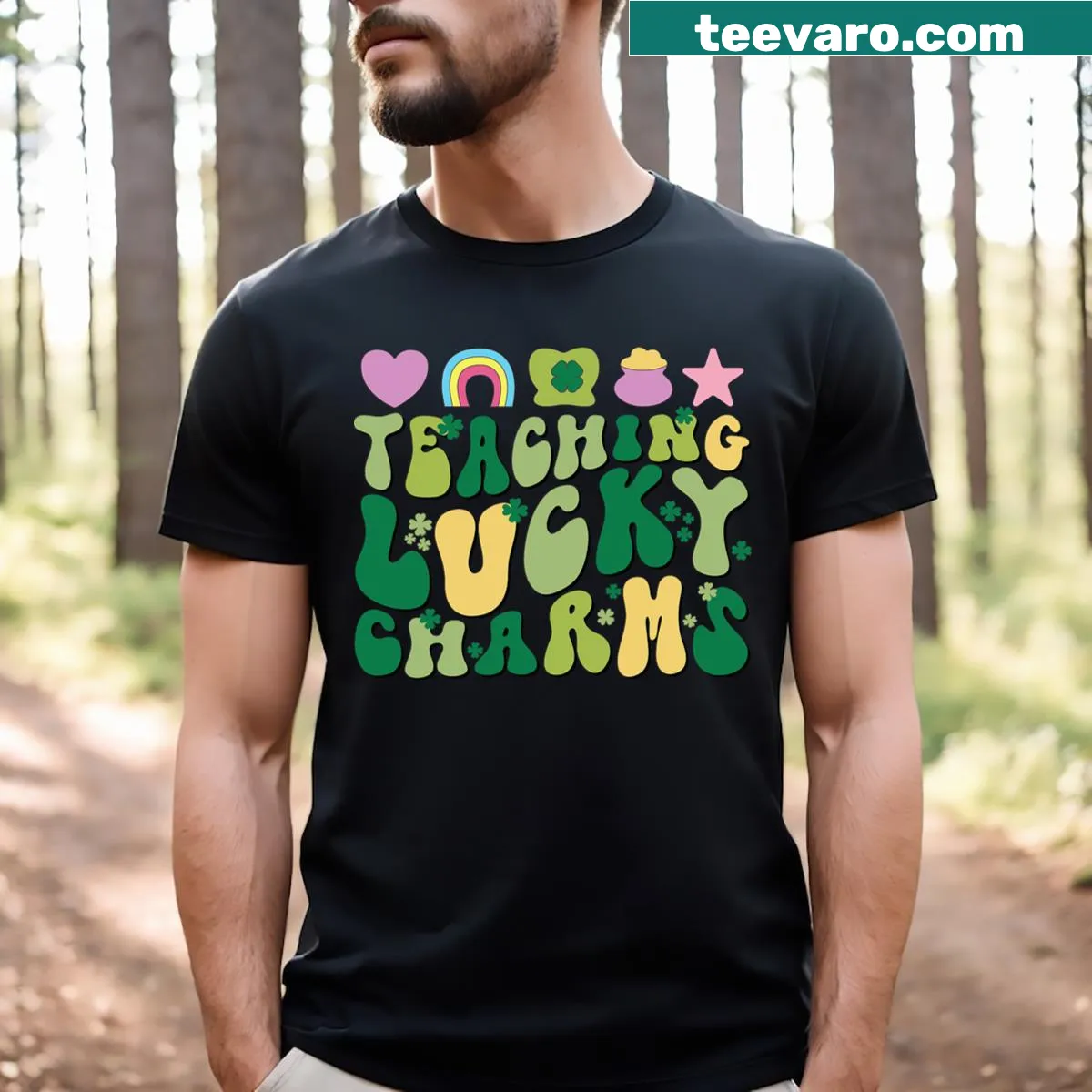 Lucky charms design for St. Patrick's Day teacher shirt — on a men's t-shirt