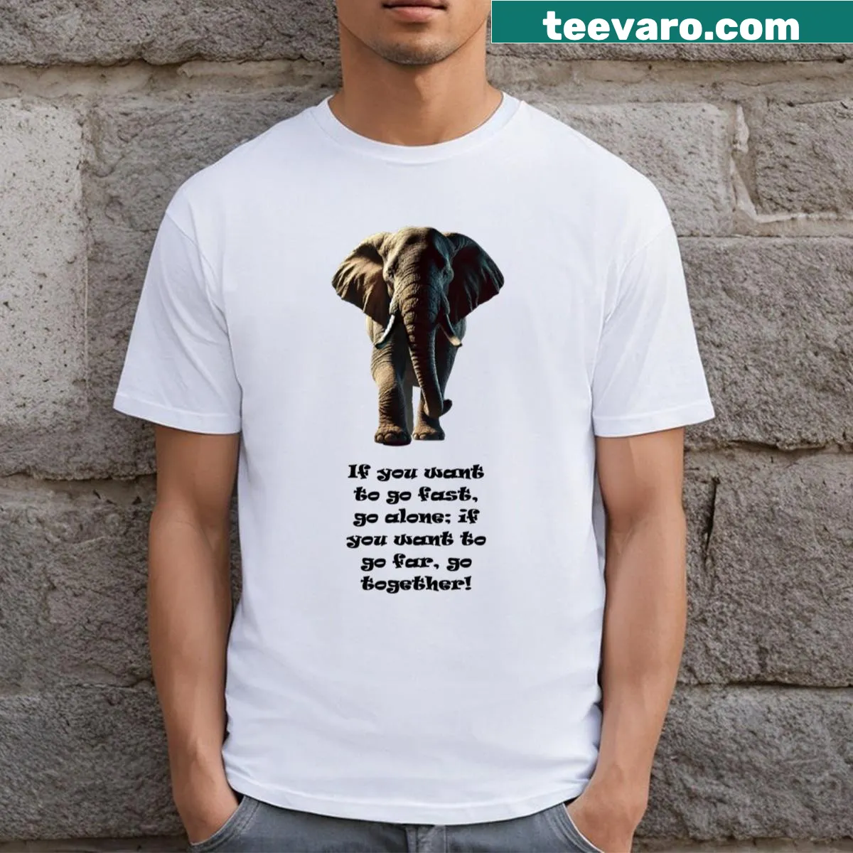 Hyperrealistic elephant walking T-shirt — on a men's t-shirt