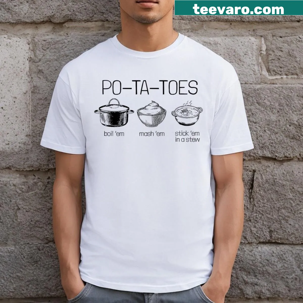 Typography t-shirt featuring the phrase 'Potatoes Are My Fave' — on a men's t-shirt