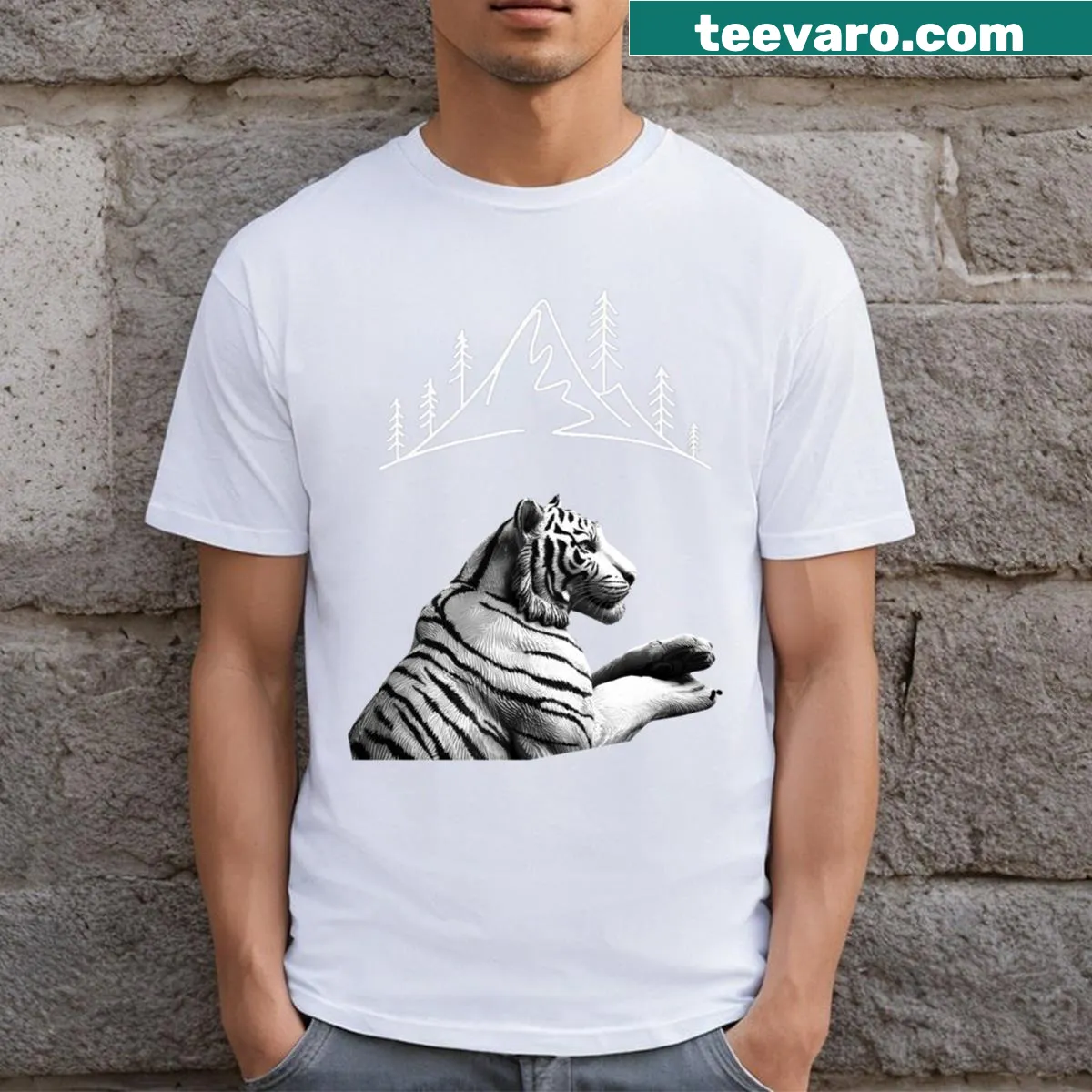 Illustrative T-shirt featuring a tiger in a forest setting, emphasizing habitat conservation. — on a men's t-shirt