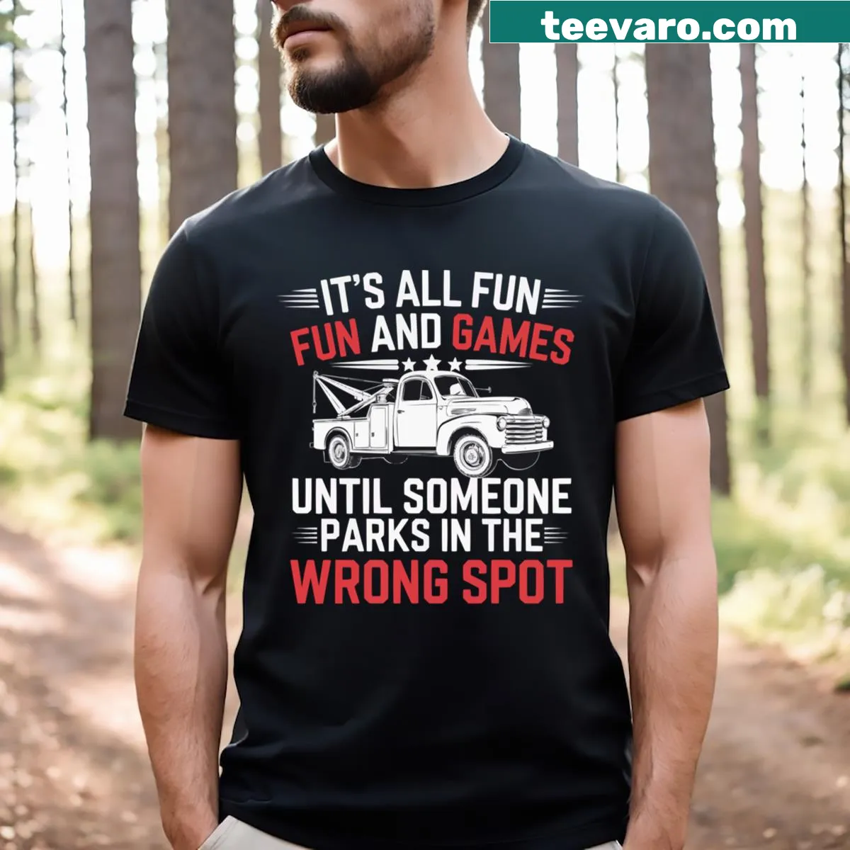 Playful T-shirt with the phrase 'Someone Parks Like an Idiot' designed for tow truck drivers. — on a men's t-shirt