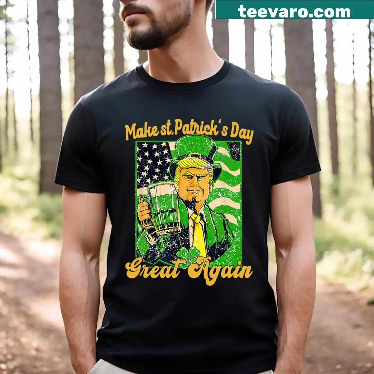 Vintage-style T-shirt with funny Trump graphics for St. Patrick's Day — on a men's t-shirt