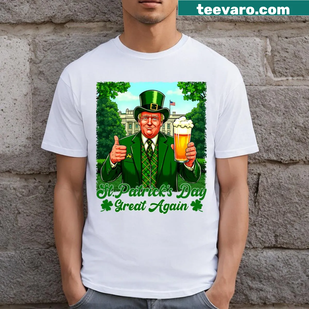 Humorous St. Patrick's Day T-shirt featuring Trump and a fun slogan — on a men's t-shirt
