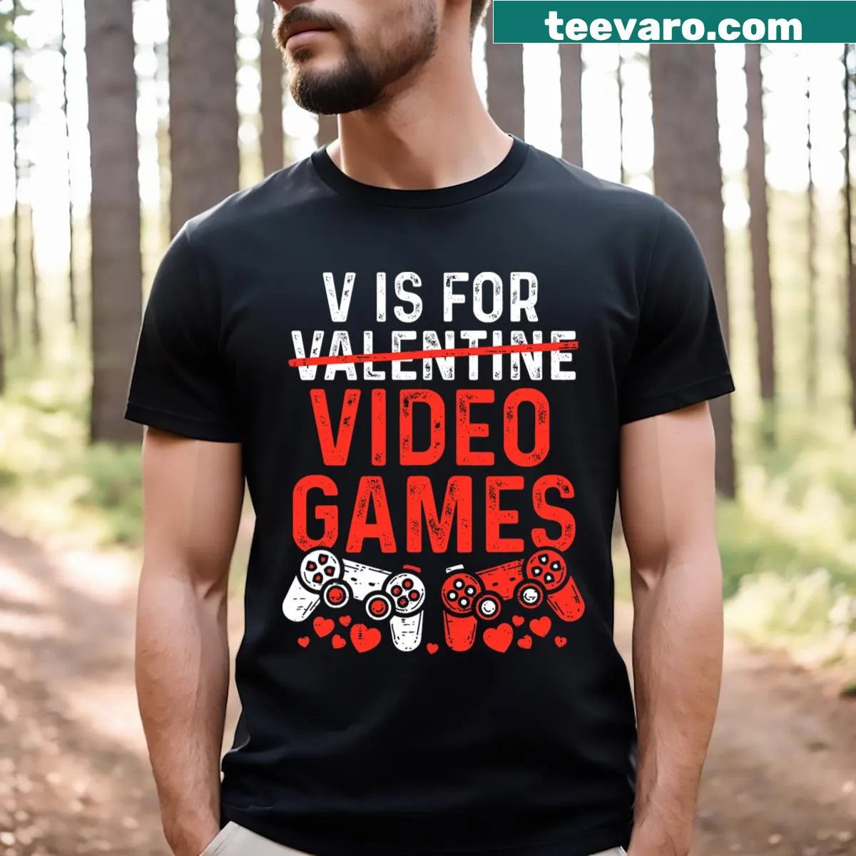 Funny Valentine's Day Gamer T-shirt with text 'V Is For Video Games' — on a men's t-shirt